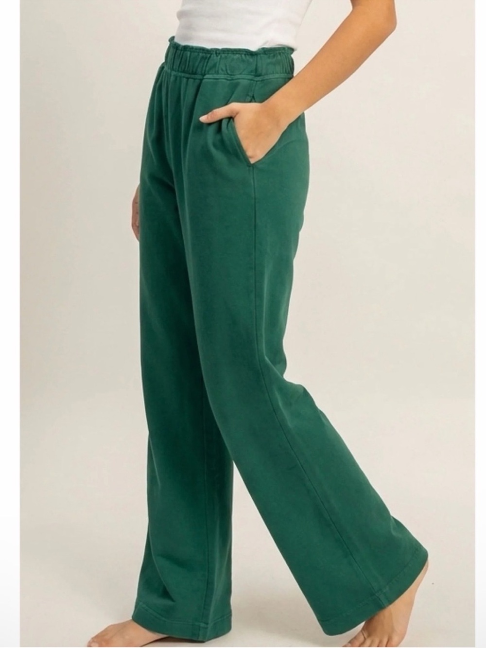 NEW Double Zero Pine Green 100% Cotton Wide Leg Flare Pants - Picture 3 of 6